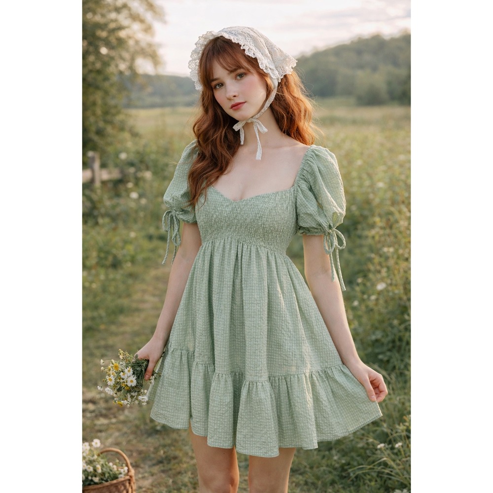 Miramar Sirena Puffed Sleeve Smocked Babydoll Mini‎ Dress Cottagecore Fairycore